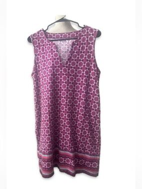 Lands End Dress Womens Large Floral Sleeveless V Neck Cotton Purple Border Tunic